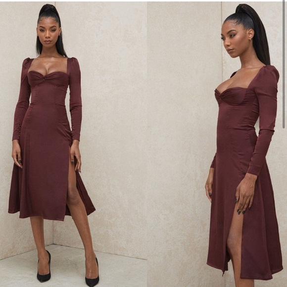 House of CB Arlinda Brown Midi Dress long sleeve e - Picture 8 of 8
